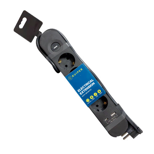 Extensão Eléctrica Preta KUIPER | 4 x Schuko | 1 x Usb type-A | 1 x Usb type-C | On/Off |  0.5M