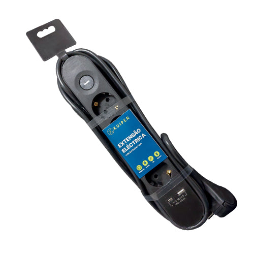 Extensão Eléctrica Preta KUIPER  | 4 x Schuko | 1 x Usb type-A | 1 x Usb type-C | On/Off |  3M